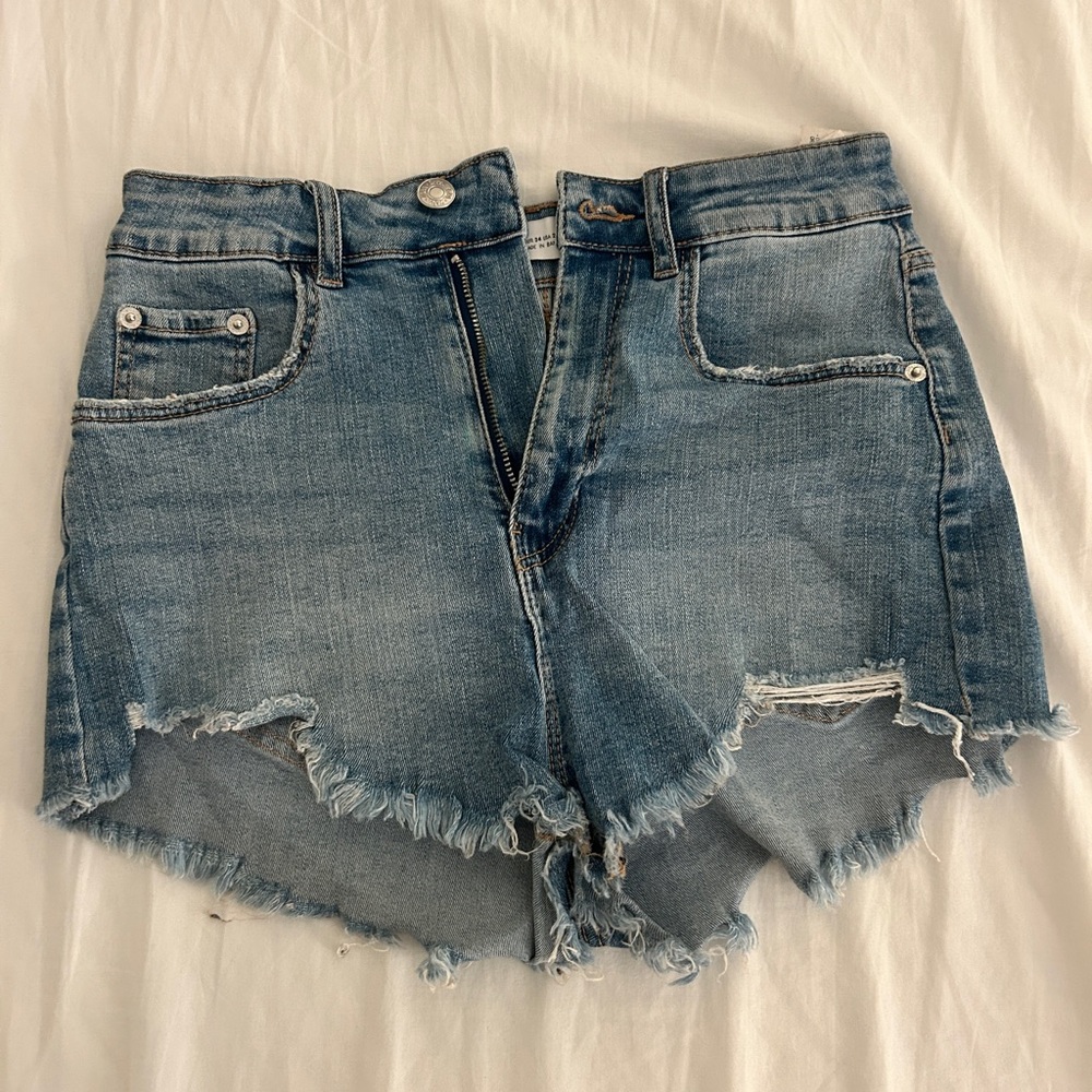 Zara Blue Jean Shorts Distressed Frayed Hem